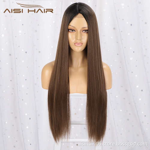 Aisi Hair High Quality Long Silky Straight Ombre Brown Lace Wig Heat Resistant Synthetic Hair Lace Front Wigs For Black Women
